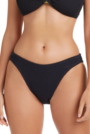 Black Bleu Rod Pucker Up Hi-Leg 90's bikini bottom with high-cut leg design, classic retro style, on a plain background.