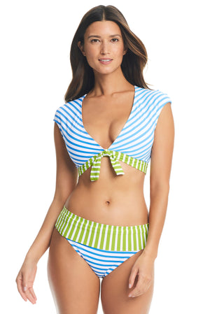 Smooth Operator Tie Front Cap Sleeve Bikini Crop Top in Stripe - Bleu Rod Beattie