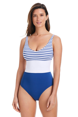 Smooth Operator Exclusive V Neck One Piece Swimsuit - Bleu Rod Beattie