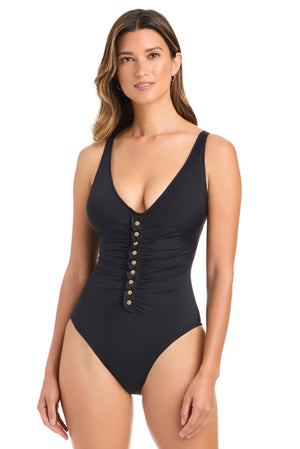 Blue Bleu Rod Snap To It! over-the-shoulder one-piece swimsuit with snap-down design, featuring a sleek, form-fitting style.