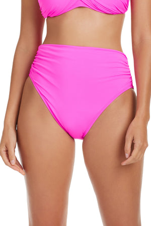 Bleu Rod Kore Collection high waist bikini bottom with shirred design in Dahlia color, showcasing a flattering fit and smooth fabric.
