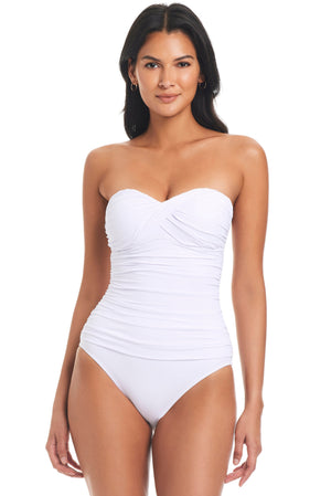 White women's Kore Twist bandeau one-piece swimsuit from Bleu Rod's Kore Collection, featuring a sleek, premium design.