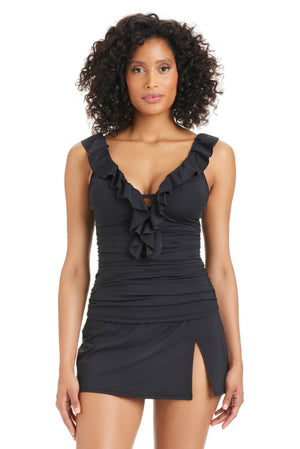 Bleu Rod The Kore Collection ruffle scoop neck tankini swimsuit top, navy blue with ruffle details and adjustable straps.