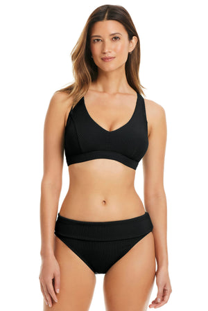 Black Walk The Line Underwire Bikini Top by Bleu Rod with D-DD cups, featuring supportive underwire and stylish design.