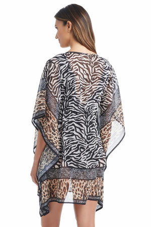 Blue and white patterned Caftan coverup by Bleu Rod, lightweight and flowy, perfect for beach or poolside wear.