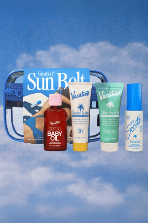 Vacation Sunscreen Sun Belt Sampler Kit showing a collection of sunscreen bottles and a sun belt for sun protection.