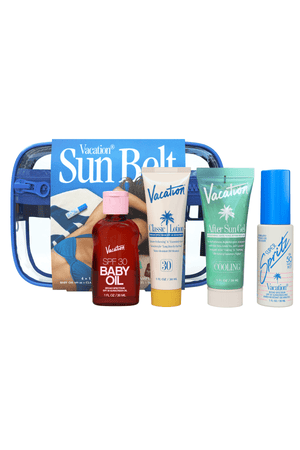 Vacation Sunscreen Sun Belt Sampler Kit featuring multiple sunscreen bottles in a compact travel-sized set.