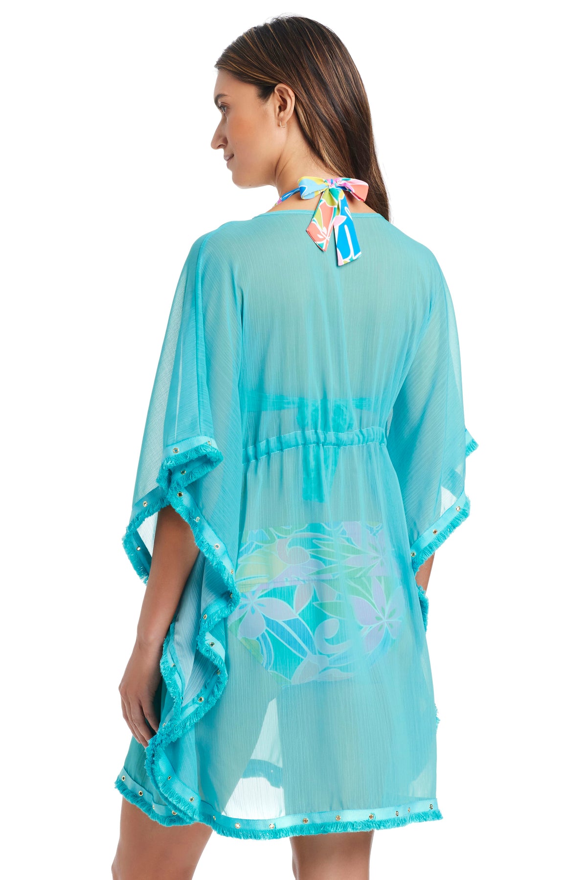 Aqua blue Fringe Benefits caftan coverup with fringe details, flowing fabric, and relaxed fit, perfect for beach or poolside wear.