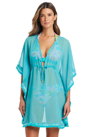 Aqua blue Fringe Benefits caftan coverup with fringe details, flowing fabric, and relaxed fit, perfect for beach or poolside wear.