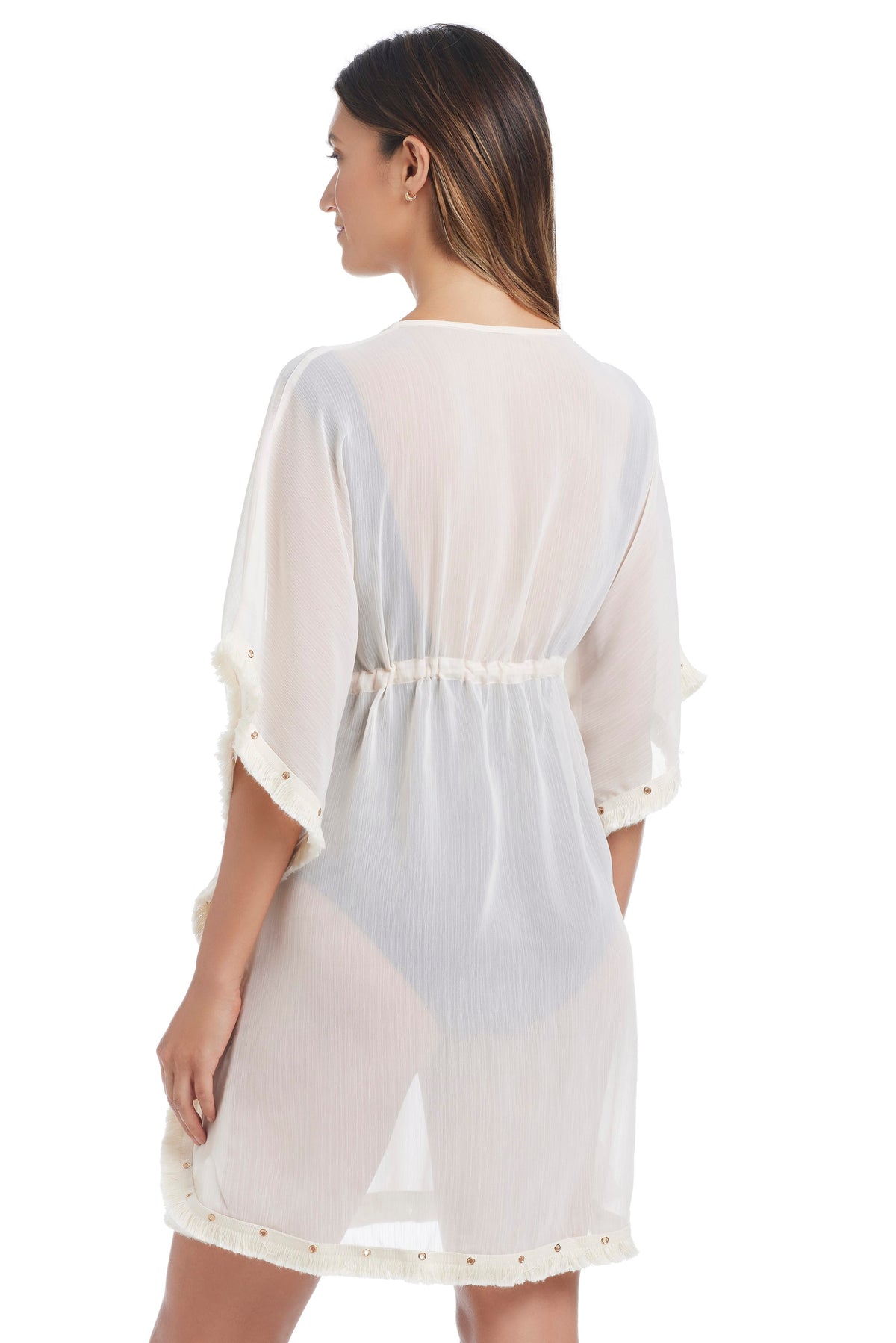 Blue Bleu Rod Fringe Benefits caftan coverup with fringe details, shown from the back in a coconut water color.