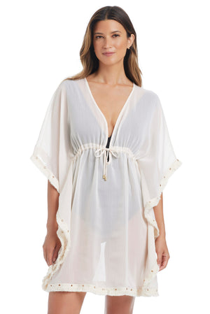 Blue Bleu Rod Fringe Benefits caftan coverup with intricate fringe details, flowing fabric, and tropical coconut water color design.