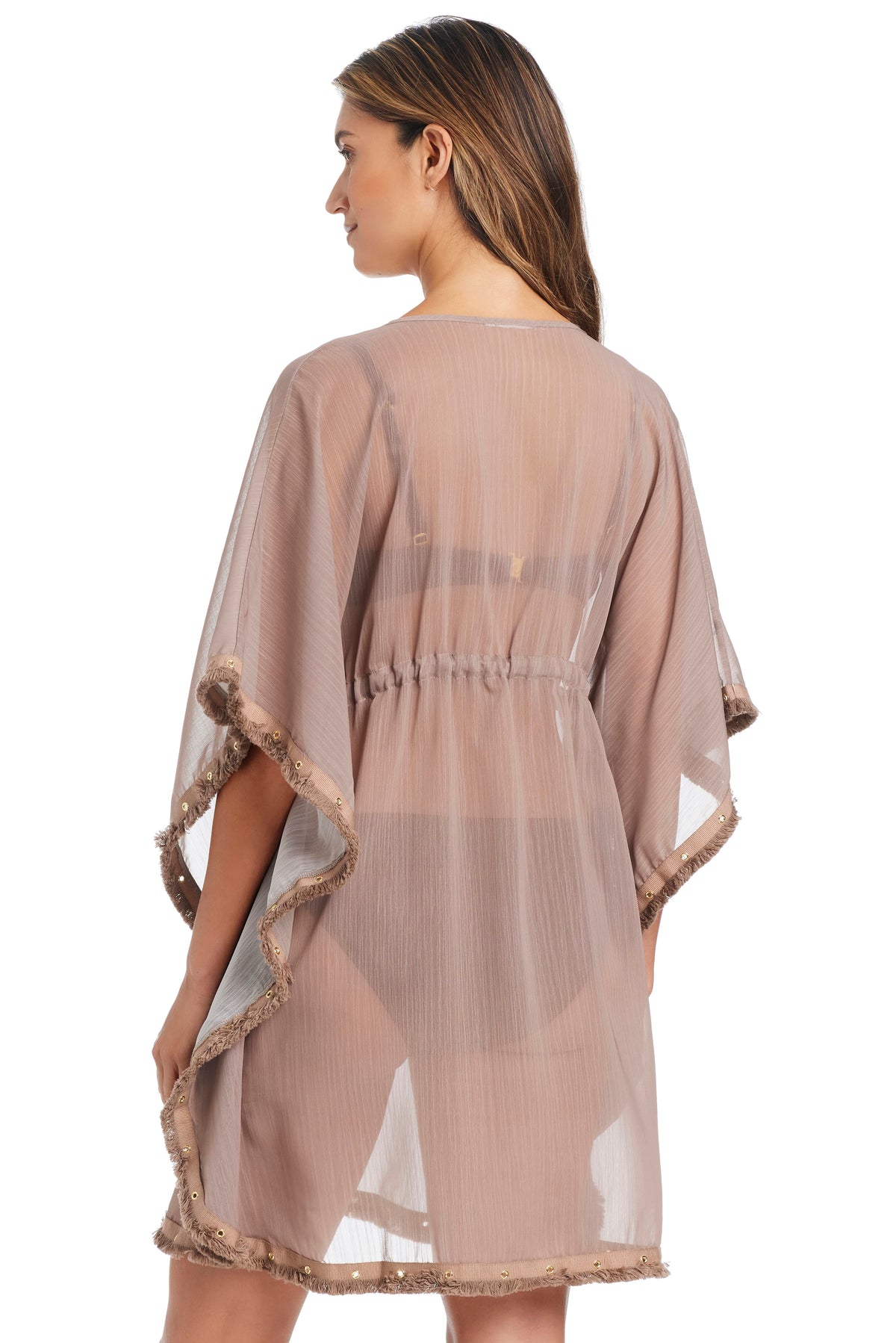 Dark nude Bleu Rod Fringe Benefits caftan coverup with fringe details, flowing fabric, and relaxed fit, shown from the back.