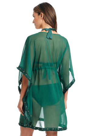 Emerald green Bleu Rod Fringe Benefits caftan coverup with fringe details, flowing fabric, and relaxed fit for beach or poolside wear.
