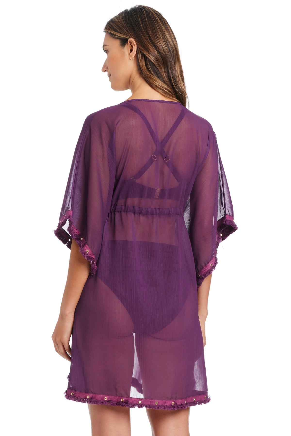 Blue Bleu Rod Fringe Benefits caftan coverup in Grenache color, flowing fabric with fringe details, back view.