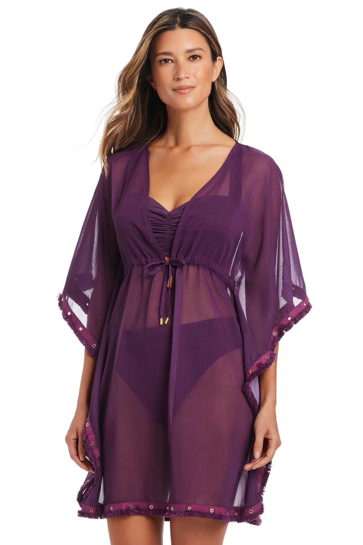 Green Fringe Benefits caftan coverup by Bleu Rod with fringed detailing, lightweight fabric, and relaxed fit for beach or poolside wear.