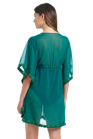 Blue Bleu Rod Fringe Benefits caftan coverup with fringe details, flowing design, shown from the back. Perfect for beach or poolside wear.