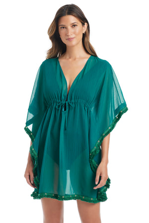 Blue Bleu Rod Fringe Benefits caftan coverup with fringe details, lightweight fabric, front view, stylish beachwear for warm weather.