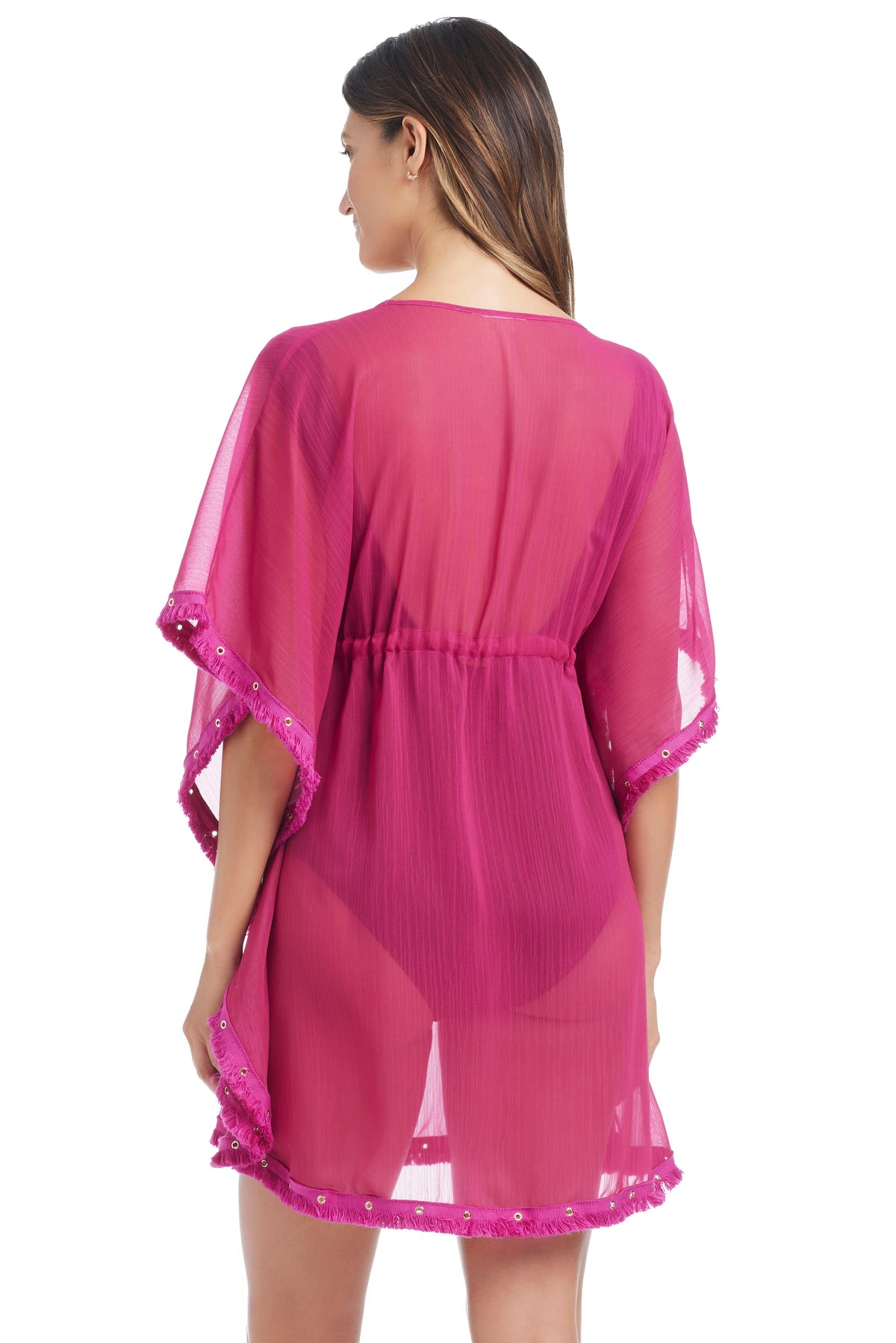 Pink Fringe Benefits caftan coverup by Bleu Rod with fringed hem, flowing silhouette, and vibrant design, back view.