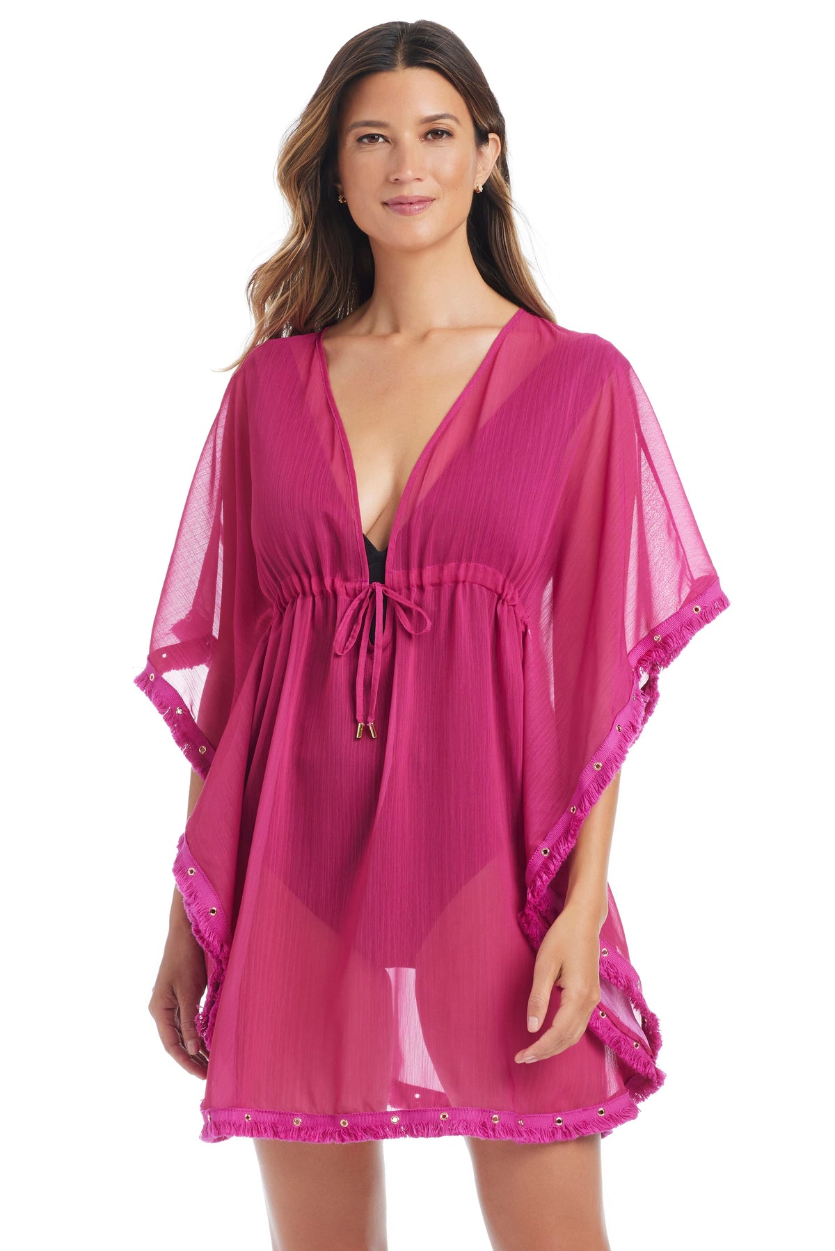 Pink Fringe Benefits Caftan Coverup by Bleu Rod, featuring flowing fabric and fringe details, perfect for beach or poolside wear.