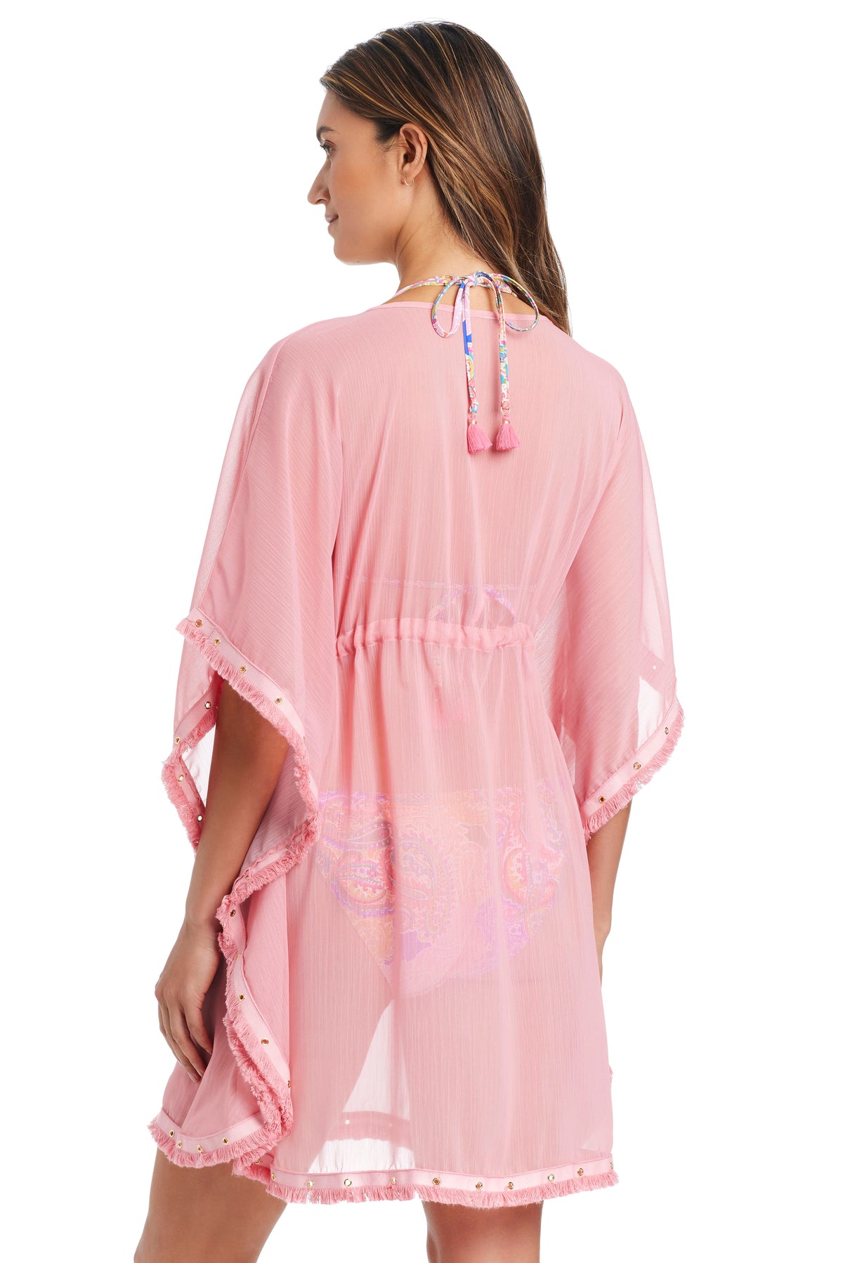 Blue Bleu Rod Fringe Benefits caftan coverup with colorful fringe details, flowing fabric, and beach-ready style.