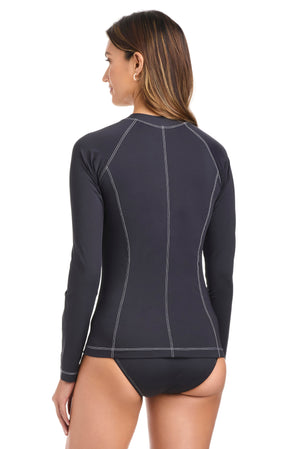 Blue Bleu Rod A Fine Line rashguard cover-up with sleek design, lightweight fabric, and long sleeves for sun protection.