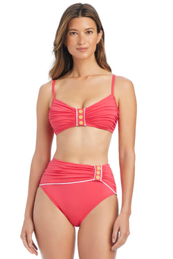 Blue and white striped over-the-shoulder bikini top with tie front bandeau style from Bleu Rod's Ahoy, Captain collection.