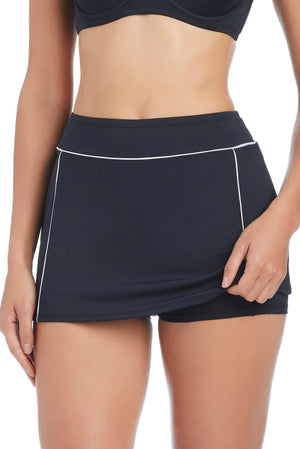 Bleu Rod Ahoy, Captain! skirted bikini short with pockets, navy blue swim bottom featuring a stylish skirted design for women.