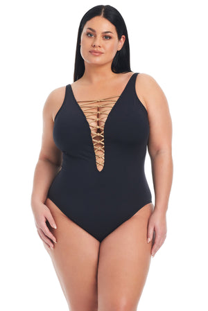 Let's Get Knotty High Neck Lace Down  Plus One-Piece Swimsuit - Bleu Rod Beattie