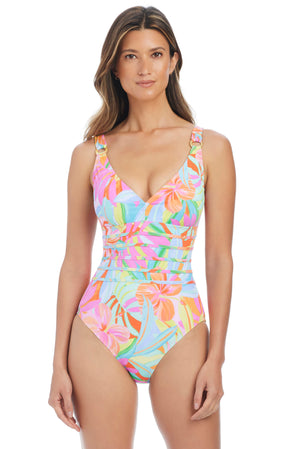 Bellissimo Botanica Bleu Rod over-the-shoulder Mio one-piece swimsuit with underwire and floral pattern, perfect for beach or pool.