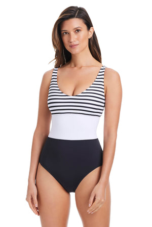 EXCLUSIVE! Smooth Operator V Neck One Piece Swimsuit in Black - Bleu Rod Beattie