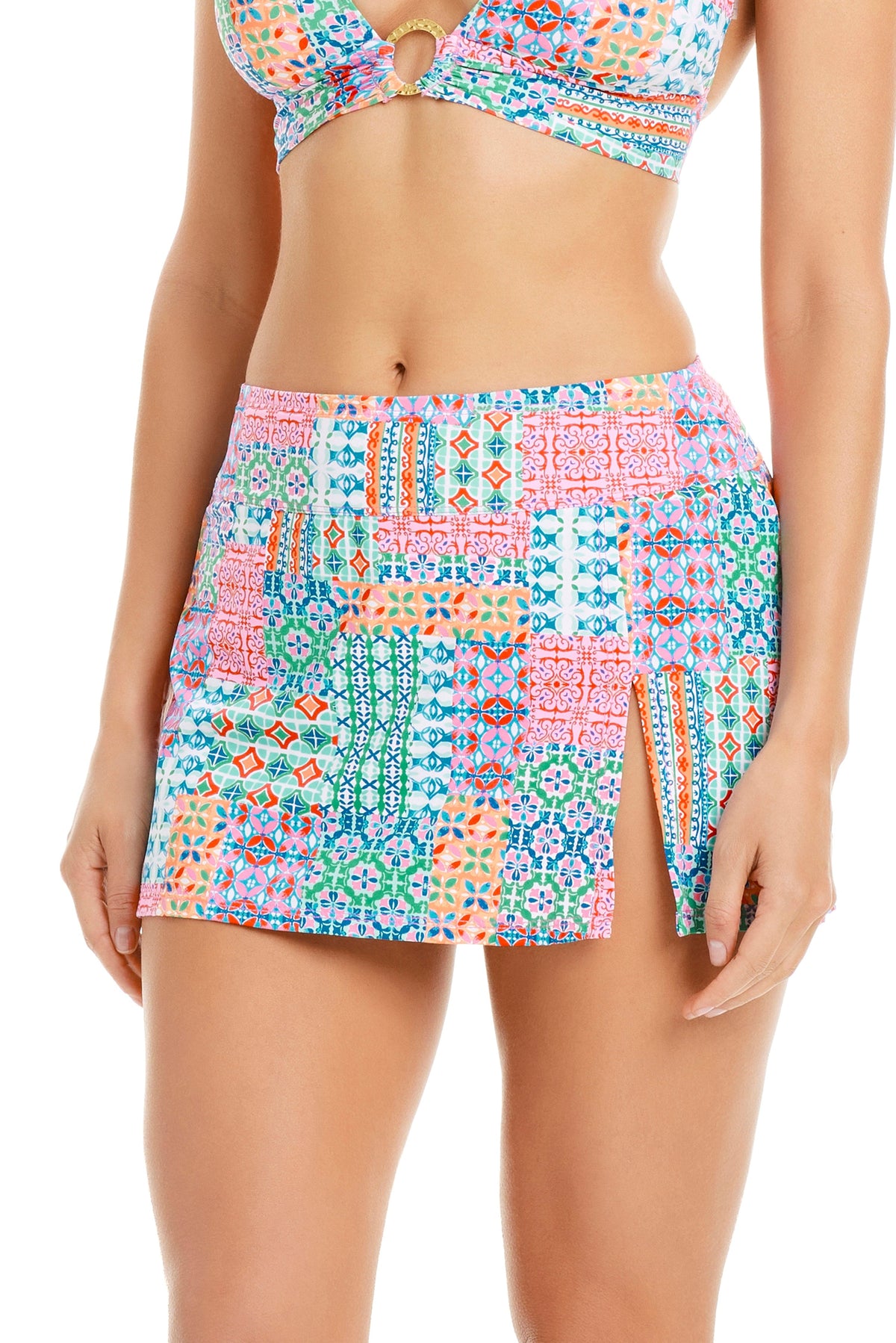 Bleu Rod Ibiza Bohemia high-waisted bikini bottom with a skirted design in a colorful bohemian pattern.