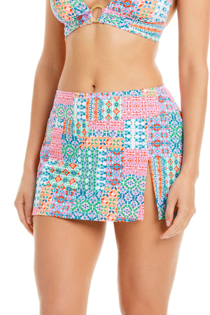 Bleu Rod Ibiza Bohemia high-waisted bikini bottom with a skirted design in a colorful bohemian pattern.