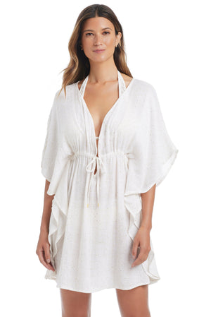 Golden Hour Caftan Cover Up by Bleu Rod featuring flowing fabric and vibrant golden color, perfect for beach or poolside wear.