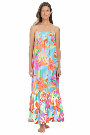 Bleu Rod Beattie Bellissimo Botanica summer cover-up dress, lightweight fabric with botanical print, sleeveless design.