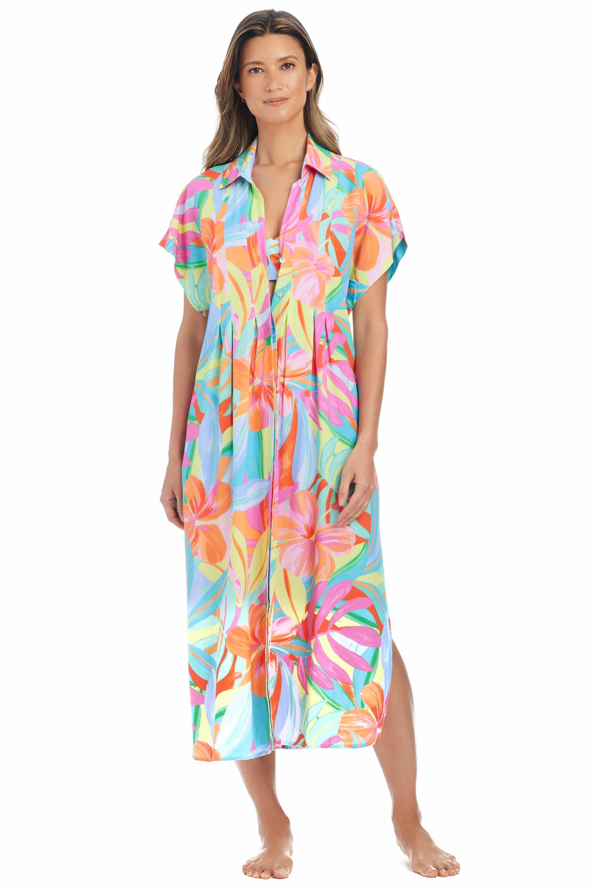 Blue Bleu Rod Bellissimo Botanica shirt dress cover-up with a relaxed fit and floral print, perfect for beach or casual wear.
