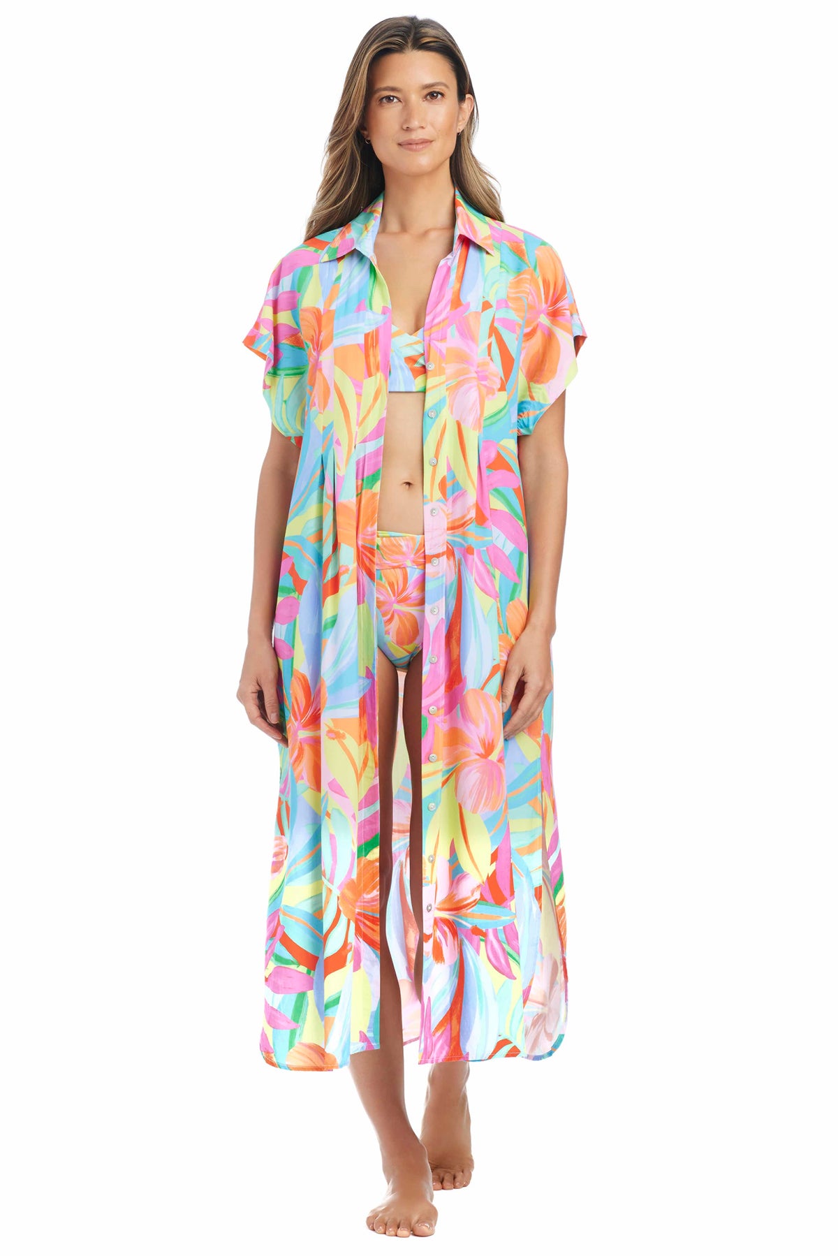 Blue Bellissimo Botanica shirt dress cover-up by Bleu Rod, lightweight, button-front design with floral pattern for beachwear.