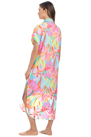 Blue Bleu Rod Bellissimo Botanica shirt dress cover-up with a relaxed fit, lightweight fabric, and floral print.