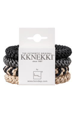 KKNEKKI 4-piece hair tie bundle featuring black, beige, and grey elastic hair ties for gentle, secure hold.