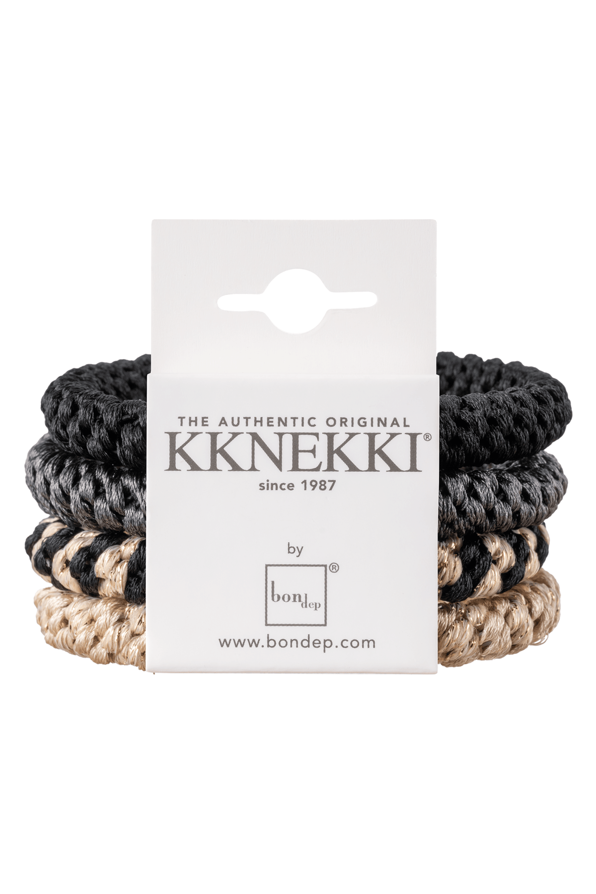 KKNEKKI 4-piece hair tie bundle featuring black, beige, and grey elastic hair ties for gentle, secure hold.