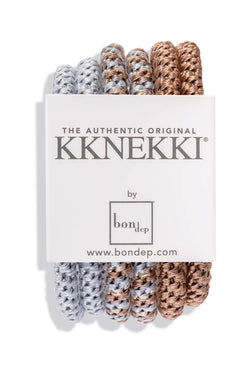 Set of six KKNEKKI premium hair ties in bronze and silver, slim and durable, perfect for securing various hairstyles.