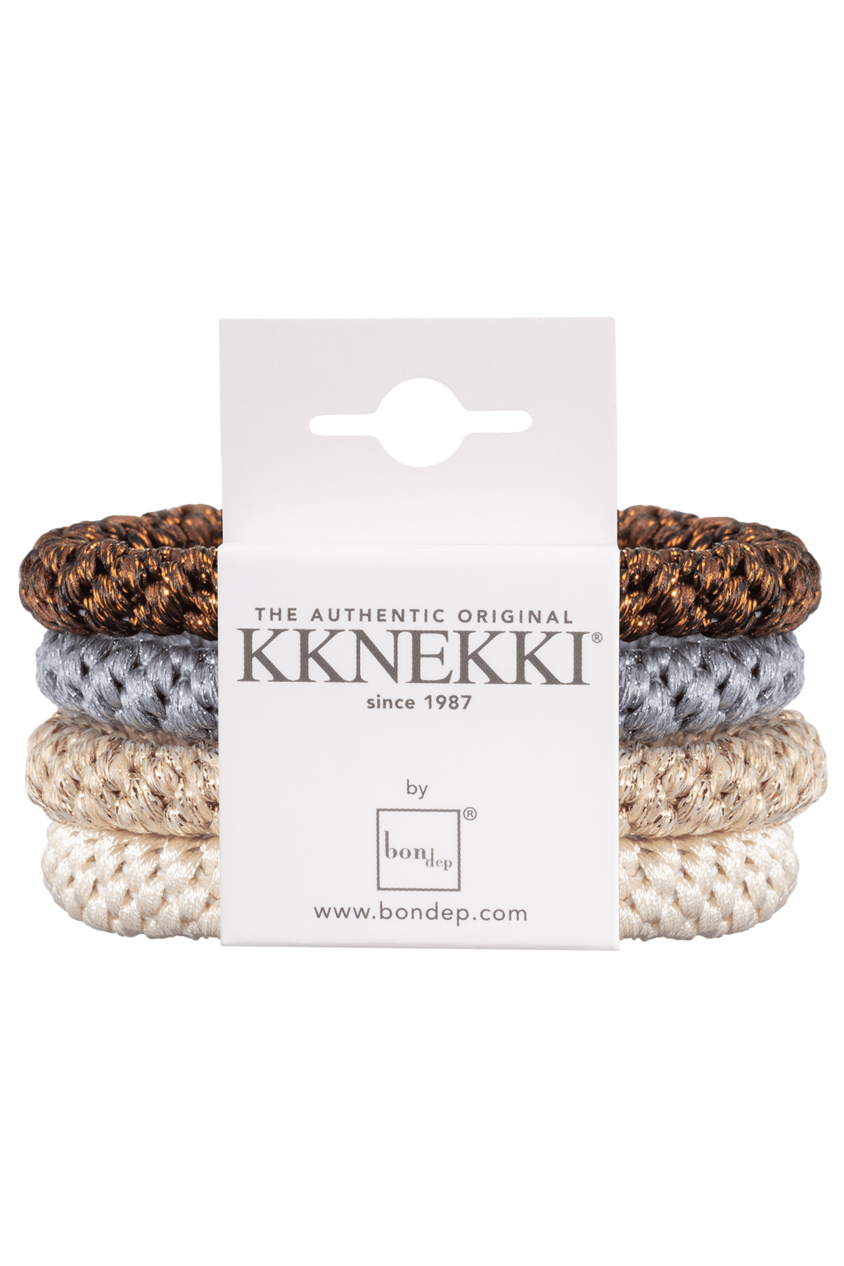 Set of four KKNEKKI premium hair ties in white, beige, grey, and brown, shown bundled together on a plain background.