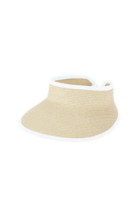 BRB Hats The It Girl Classic Straw Visor in natural white with white trim, lightweight sun protection hat for outdoor wear