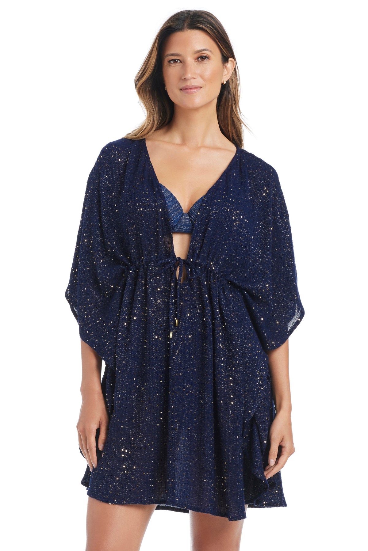 Blue Bleu Rod Golden Hour Caftan Cover Up featuring a flowing fabric design and intricate patterns, perfect for beach or poolside wear.