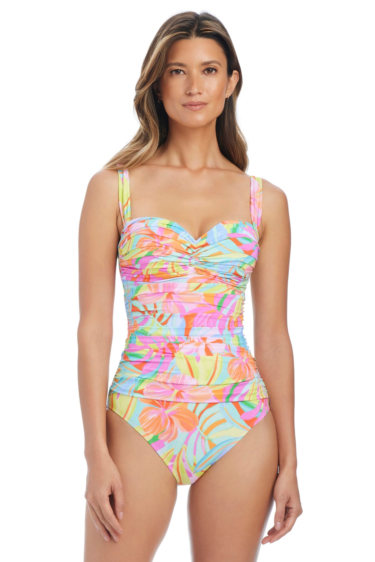 Bellissimo Botanica Bleu Rod bandeau one-piece swimsuit with shirred design, perfect for stylish beachwear.
