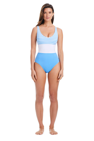 EXCLUSIVE! Smooth Operator V Neck One Piece Swimsuit in Lavoir Bleu - Bleu Rod Beattie