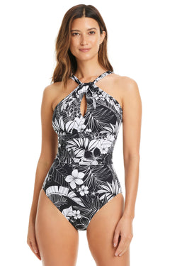 Black Double Duty Keyhole One Piece Swimsuit by Bleu Rod, featuring a sleek design with a keyhole detail at the front.