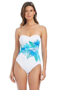 Bleu Rod Beattie Riviera Retreat shirred bandeau one-piece swimsuit in vibrant colors, featuring a flattering fit and stylish design.
