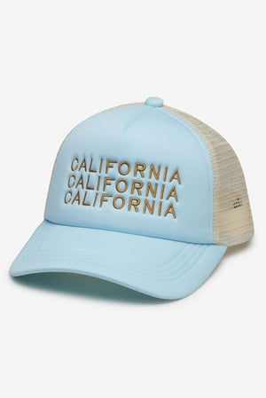 Blue and beige California Trucker Cap by Bleu Rod Beattie featuring mesh back and curved brim, casual baseball hat style.