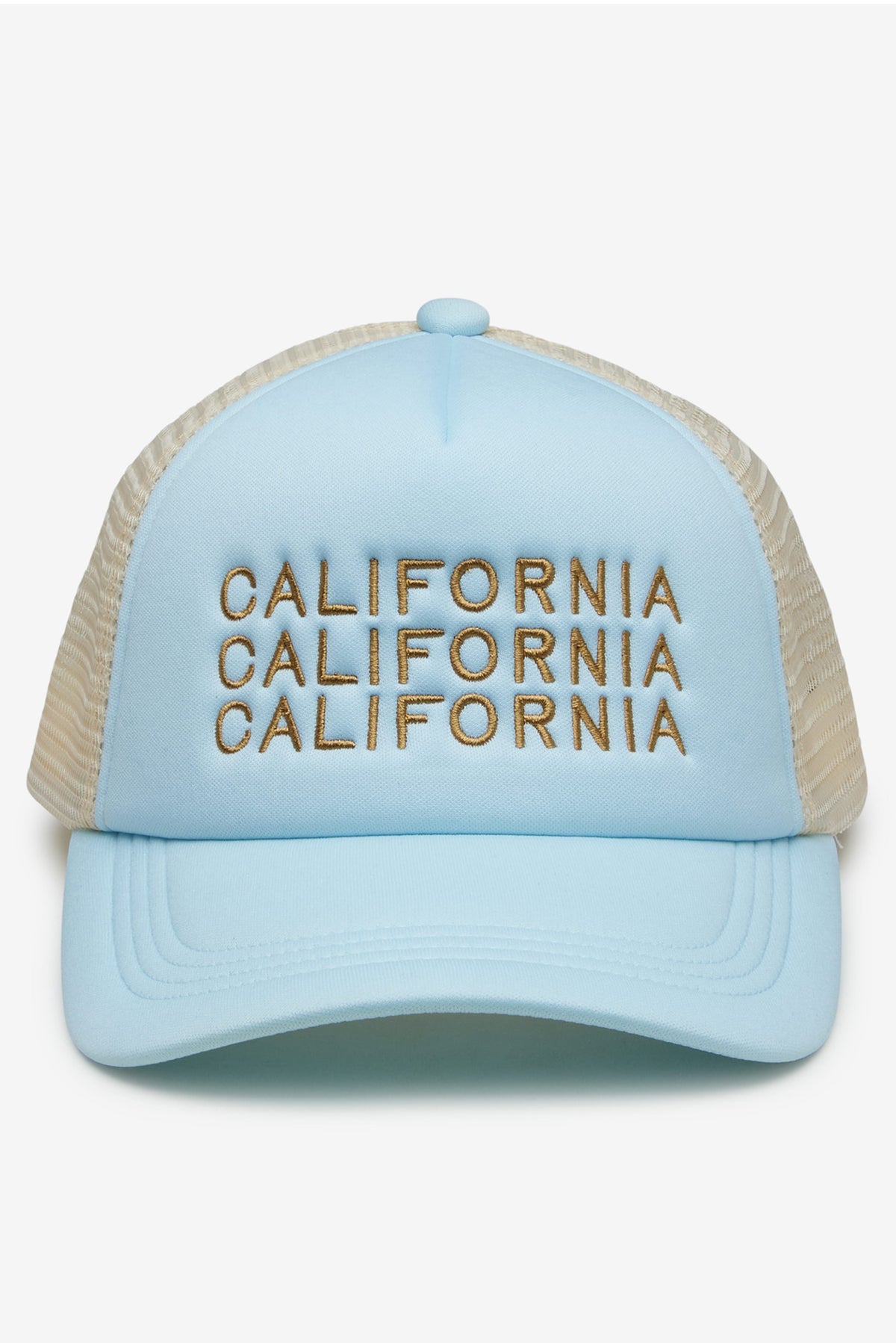 Blue and white California Trucker Cap by Bleu Rod Beattie featuring mesh back and adjustable snap closure.
