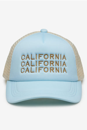 Blue and white California Trucker Cap by Bleu Rod Beattie featuring mesh back and adjustable snap closure.